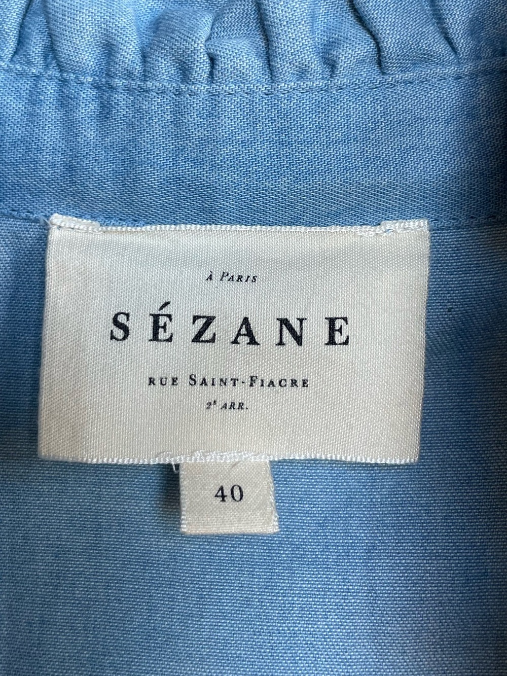 SEZANE Blue Ecru Lace Embroidered High Collar Button Down Chambray Ulysse Shirt - Picture 15 of 16